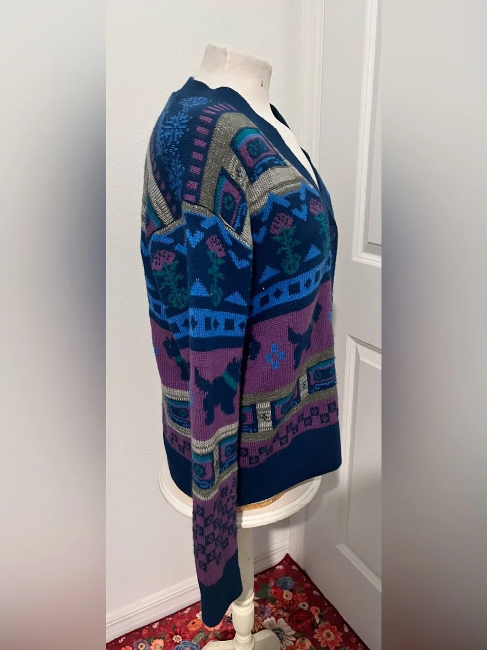Navy Multicolor Patterned Women's Cardigan Sweater